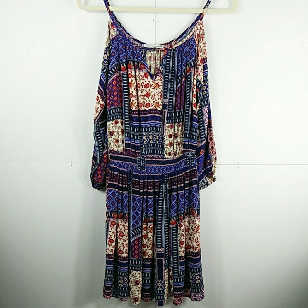🌟3/$30 AEO Boho Patchwork Cold Shoulder Cottagecore Grandmacore Dress XS Floral